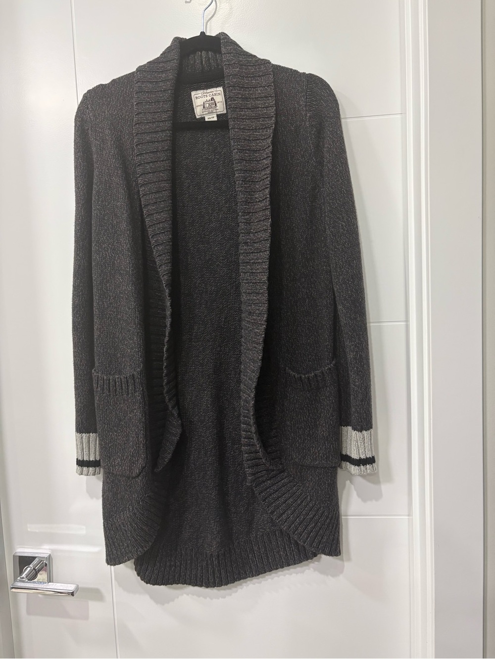 Roots Cabin Dark Charcoal Shawl Collar Open Cardigan with Stripe Cuffs